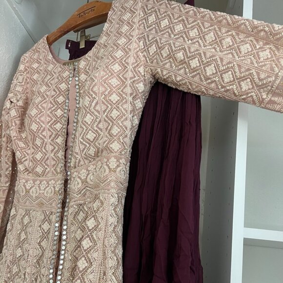 Mauve And Grape Purple Palazzo Suit With Front Slit Anarkali - Picture 1 of 8